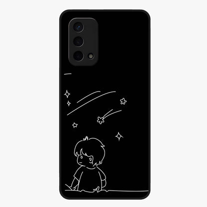 Line Art Boy With Shooting Stars Glass Case showing flat back view with minimal line art boy and shooting stars illustration and glossy glass finish.