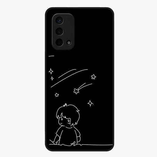 Line Art Boy With Shooting Stars Glass Case showing flat back view with minimal line art boy and shooting stars illustration and glossy glass finish.