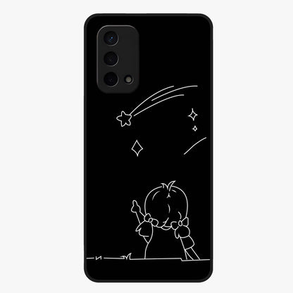 Line Art Girl With Shooting Stars Glass Case showing flat back view with minimal line art girl and shooting stars illustration and glossy glass finish.