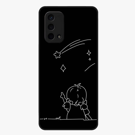 Line Art Girl With Shooting Stars Glass Case showing flat back view with minimal line art girl and shooting stars illustration and glossy glass finish.