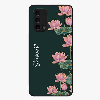 Lotus Bloom Serenity Custom Name Glass Case showing flat back view with elegant lotus flower artwork and personalized name design.