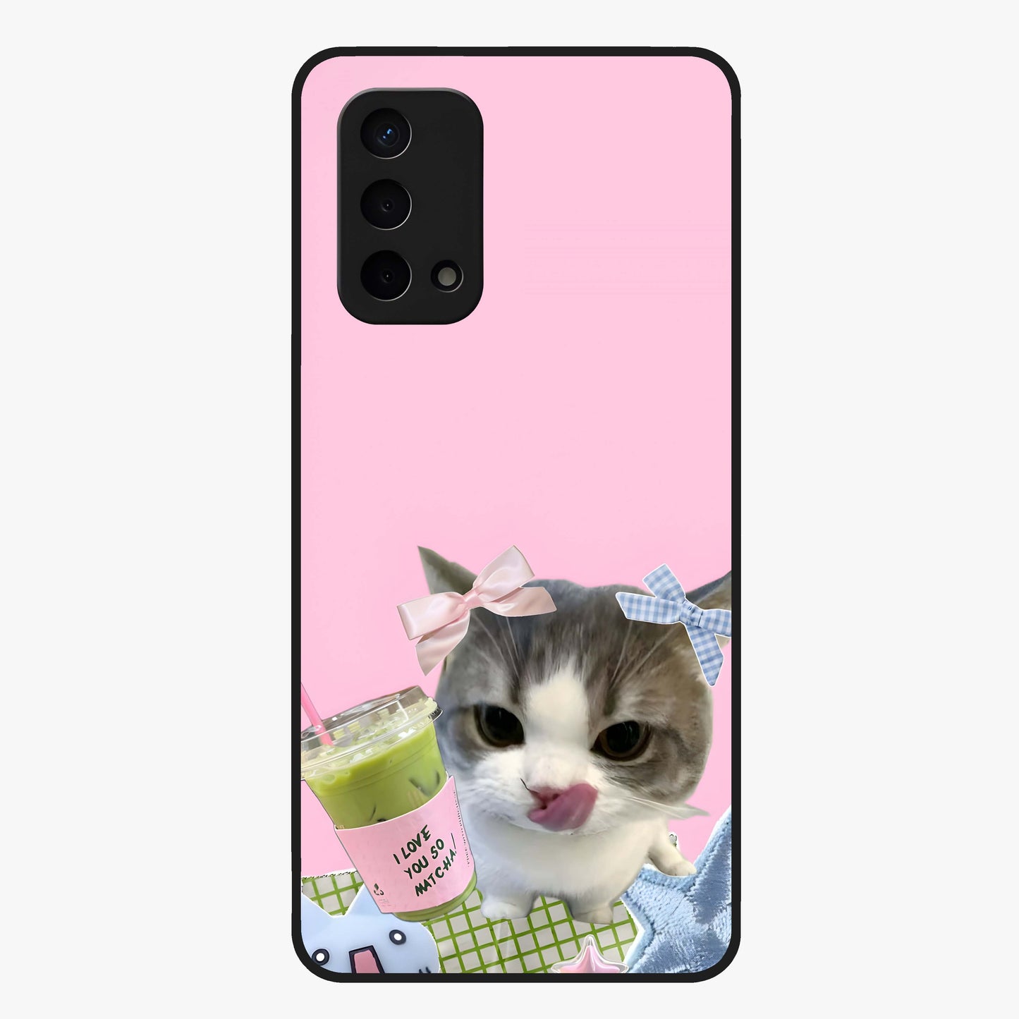 Love Matcha Cat Glass Case showing flat back view with cute cat and matcha themed artwork and glossy glass finish.