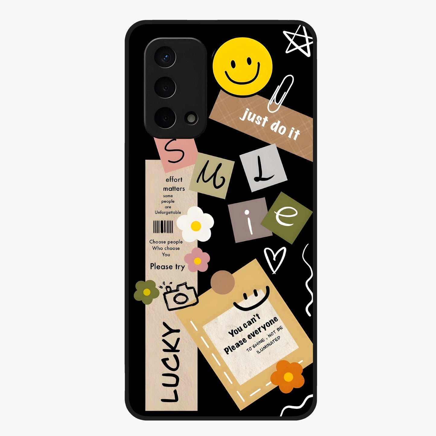 Lucky Aesthetic Collage Glass Case showing flat back view with trendy aesthetic collage artwork and glossy glass finish.