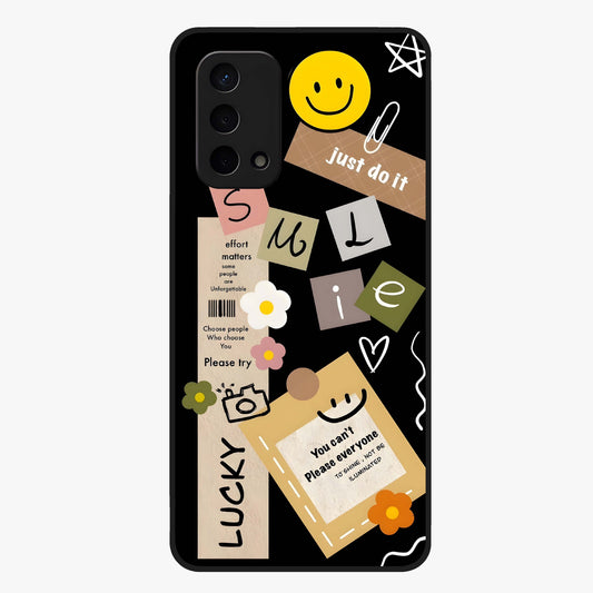 Lucky Aesthetic Collage Glass Case showing flat back view with trendy aesthetic collage artwork and glossy glass finish.
