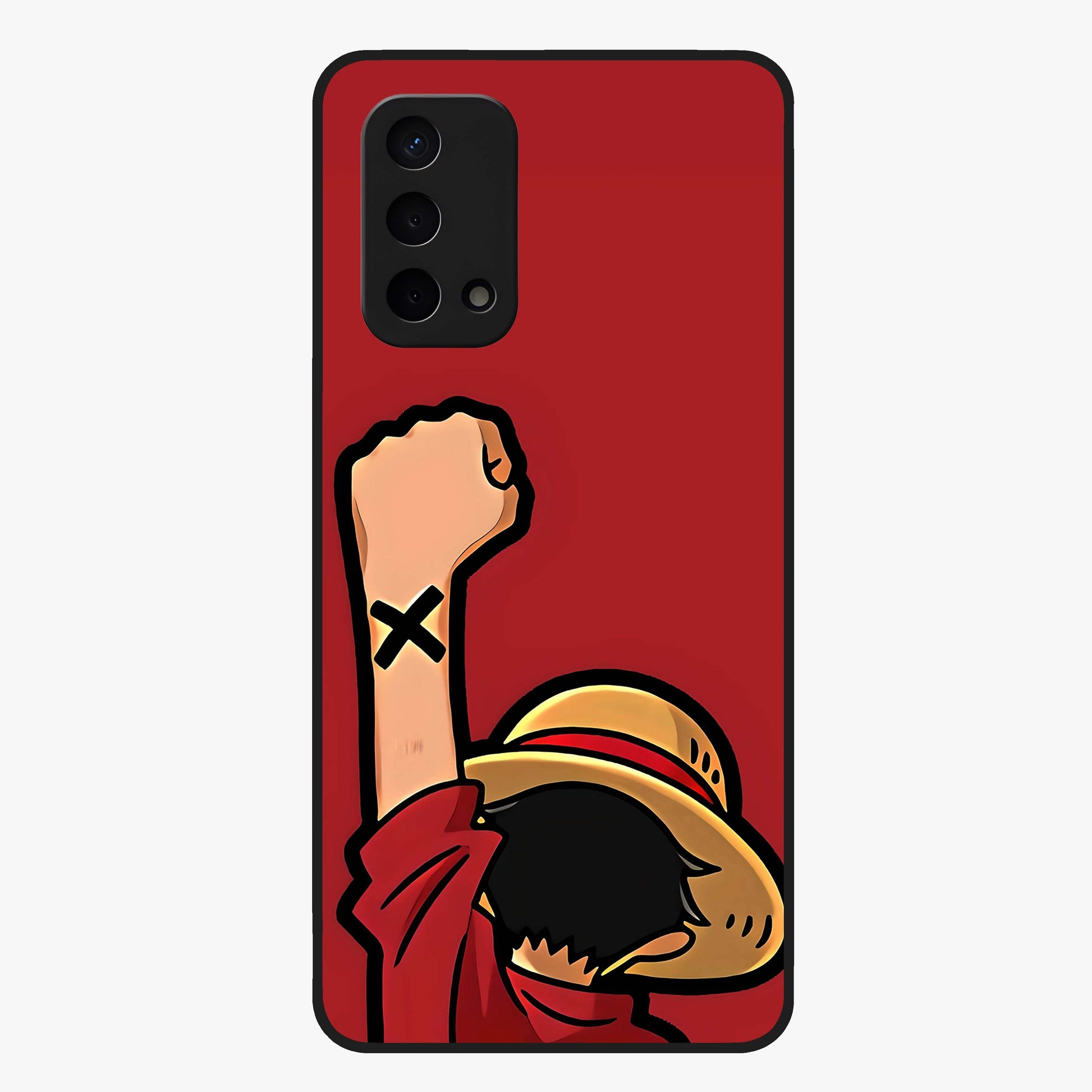Luffy X Spirit Glass Case showing flat back view with bold anime character artwork and glossy glass finish.