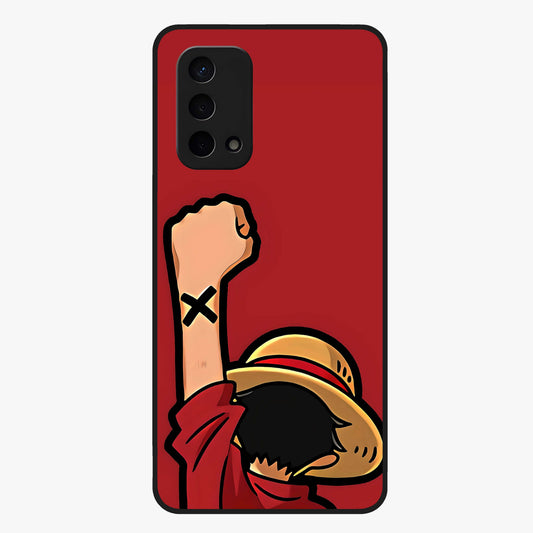 Luffy X Spirit Glass Case showing flat back view with bold anime character artwork and glossy glass finish.