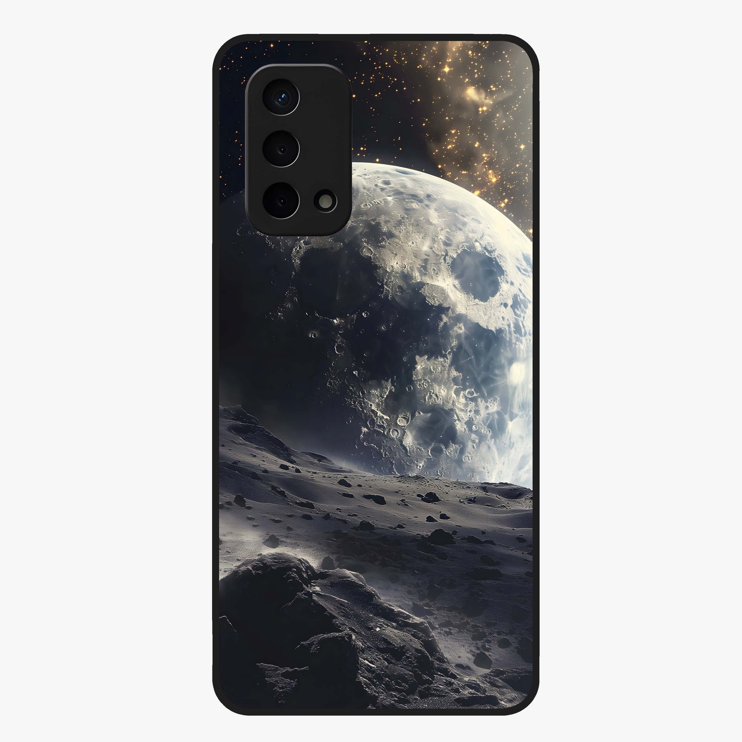 Lunar Horizon Glow Glass Case showing flat back view with glowing moon horizon artwork and glossy glass finish.