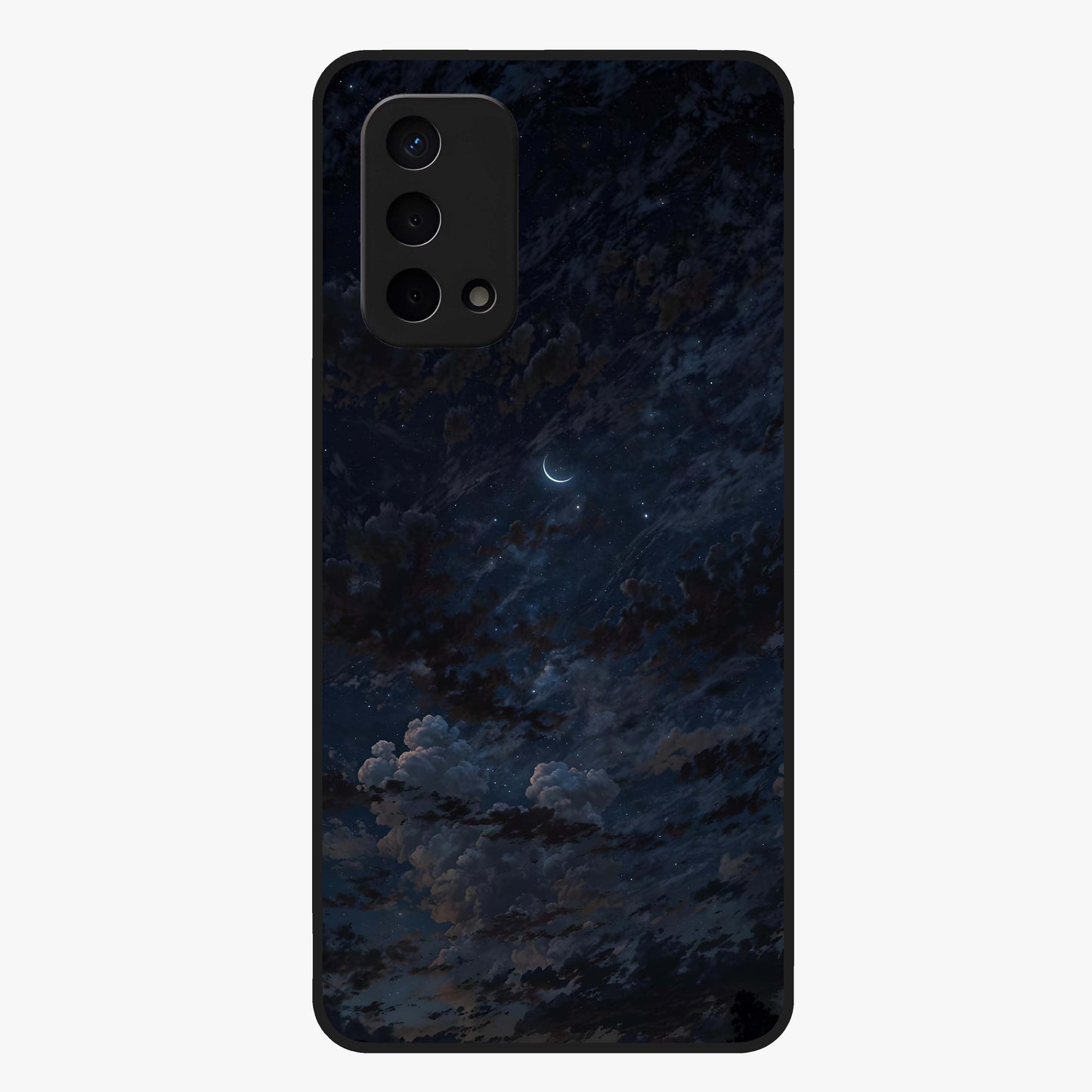 Lunar Veil Silence Glass Case showing flat back view with mystical moon veil artwork and glossy glass finish.