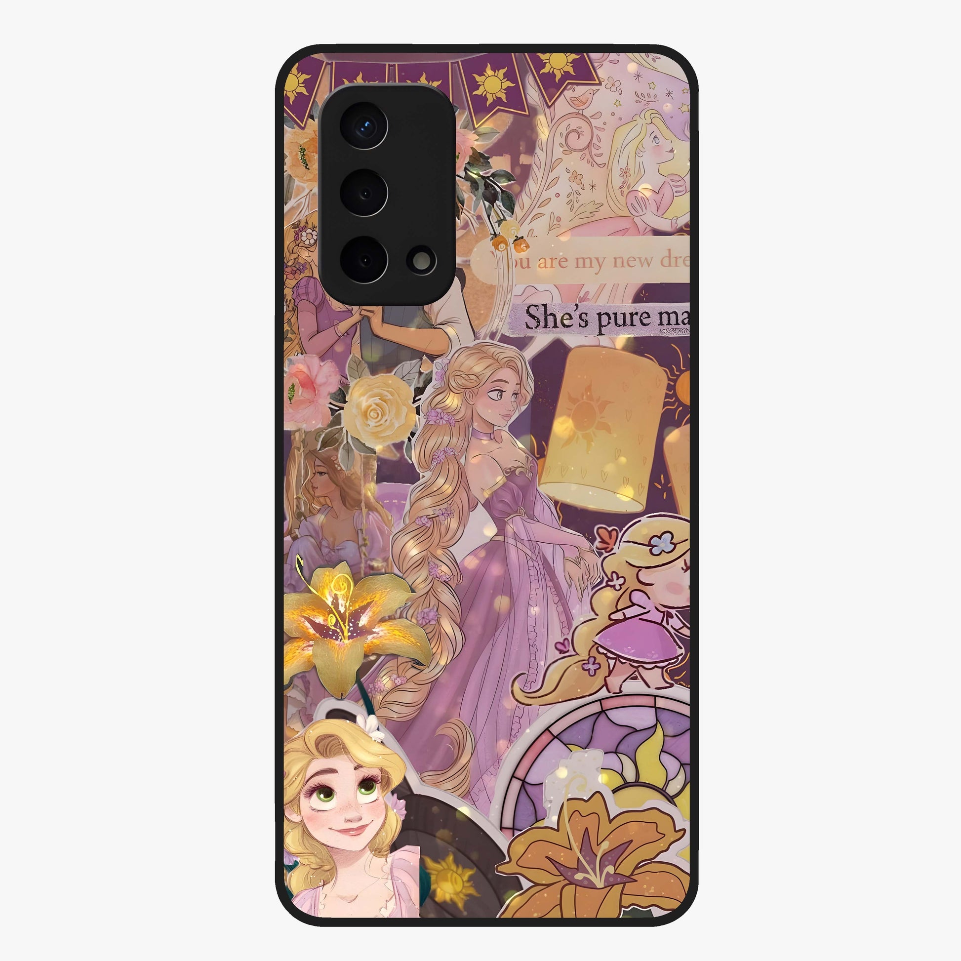 Magical Tangled Dream Glass Case showing flat back view with dreamy tangled artwork and glossy glass finish.