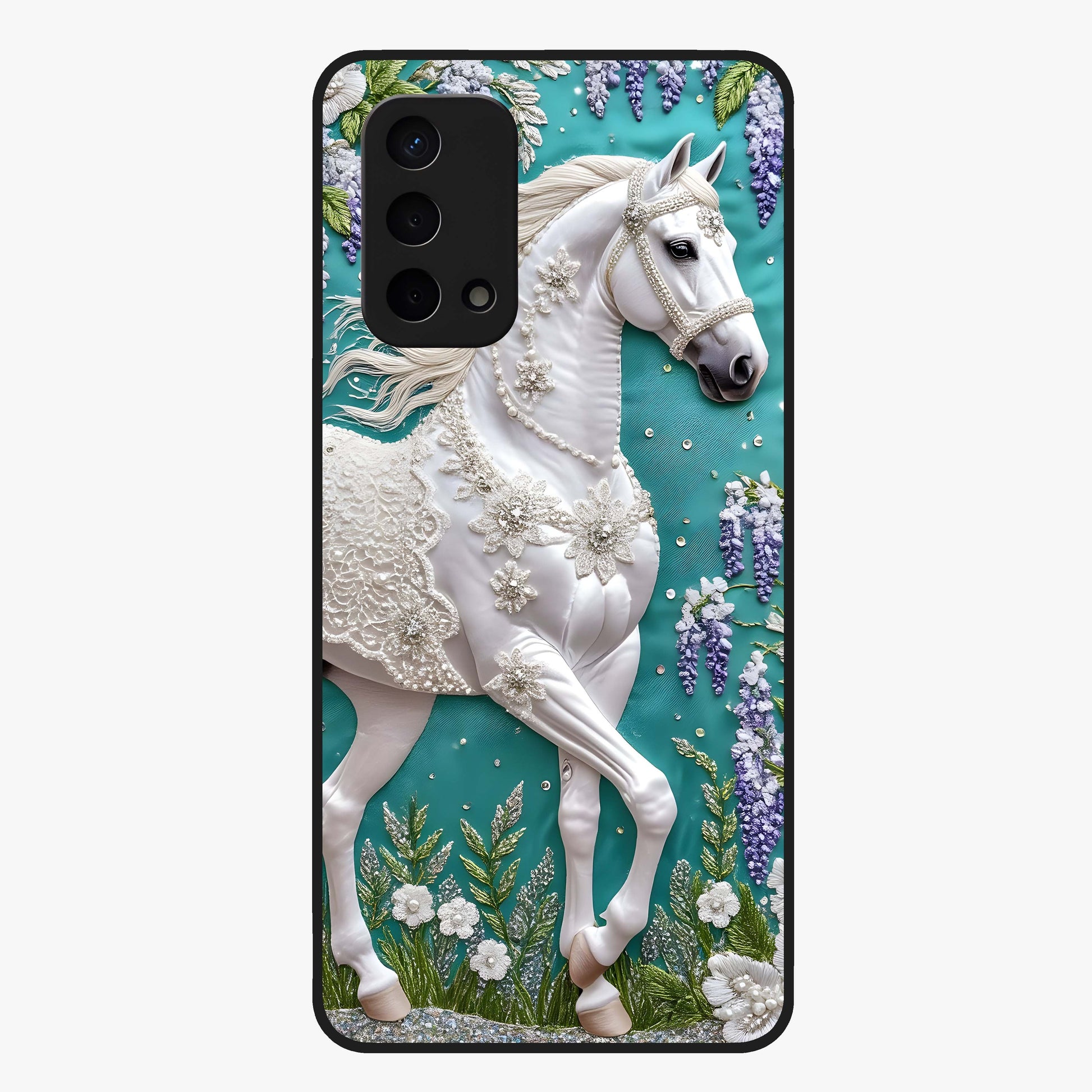 Majestic Floral Stallion Glass Case showing flat back view with powerful horse and floral artwork and glossy glass finish.