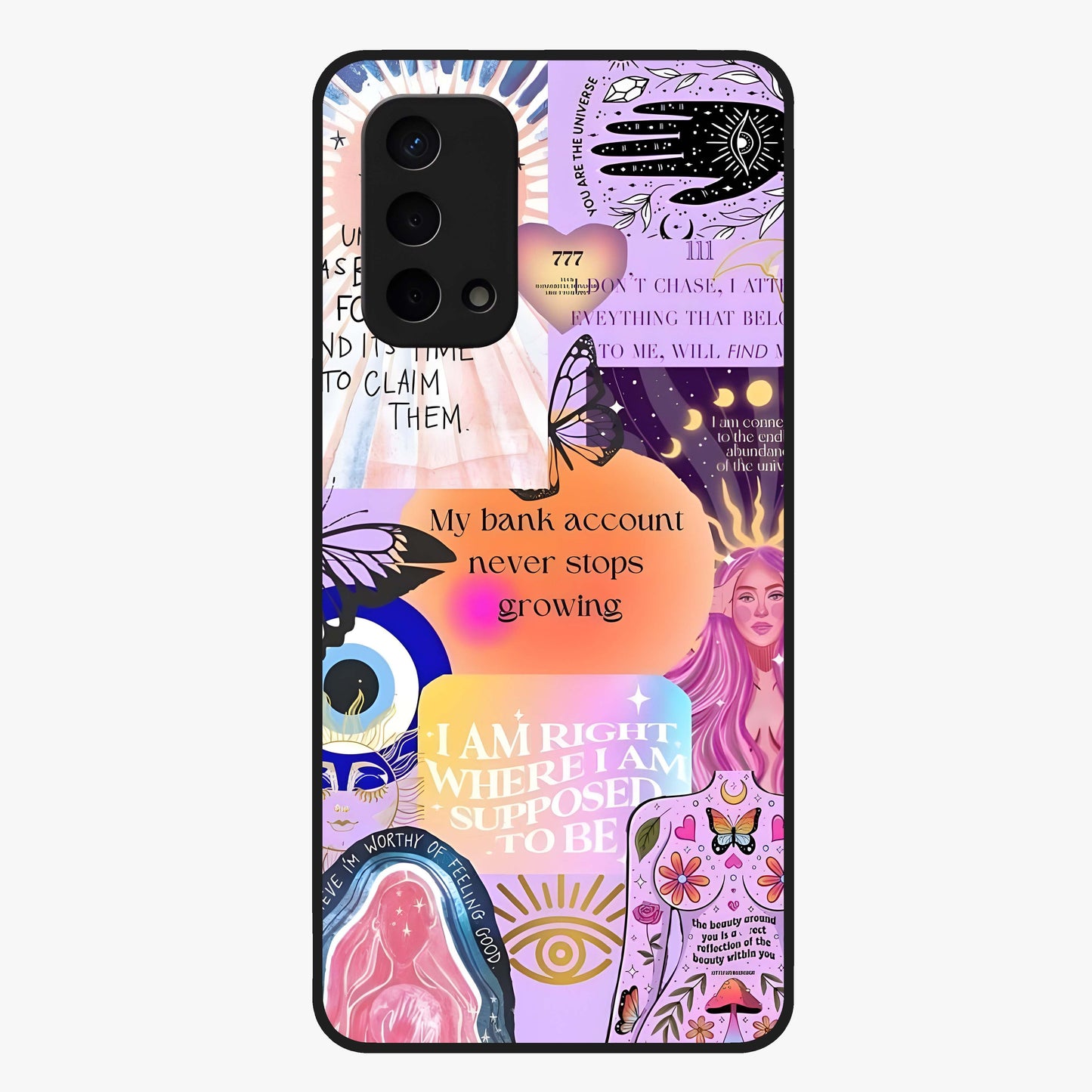 Manifestation Collage Glass Case showing flat back view with motivational collage artwork and glossy glass finish.