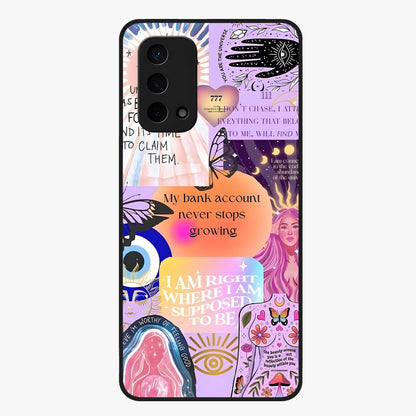 Manifestation Collage Glass Case showing flat back view with motivational collage artwork and glossy glass finish.