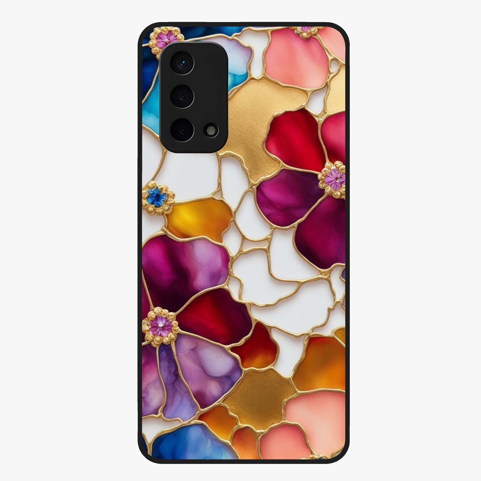 Marble Flower Pattern Glass Case showing flat back view with marble texture floral artwork and glossy glass finish.