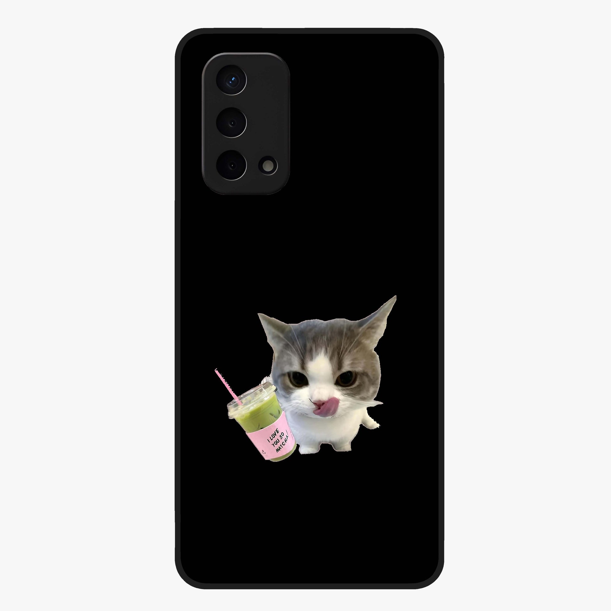 Matcha Cat Style Glass Case showing flat back view with cute matcha themed cat artwork and glossy glass finish.