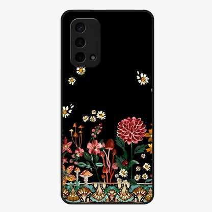 Midnight Bloom Pattern Glass Case showing flat back view with dark floral pattern artwork and glossy glass finish.