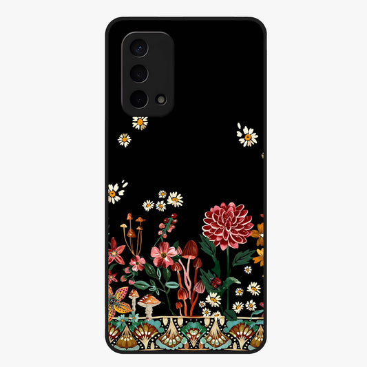 Midnight Bloom Pattern Glass Case showing flat back view with dark floral pattern artwork and glossy glass finish.