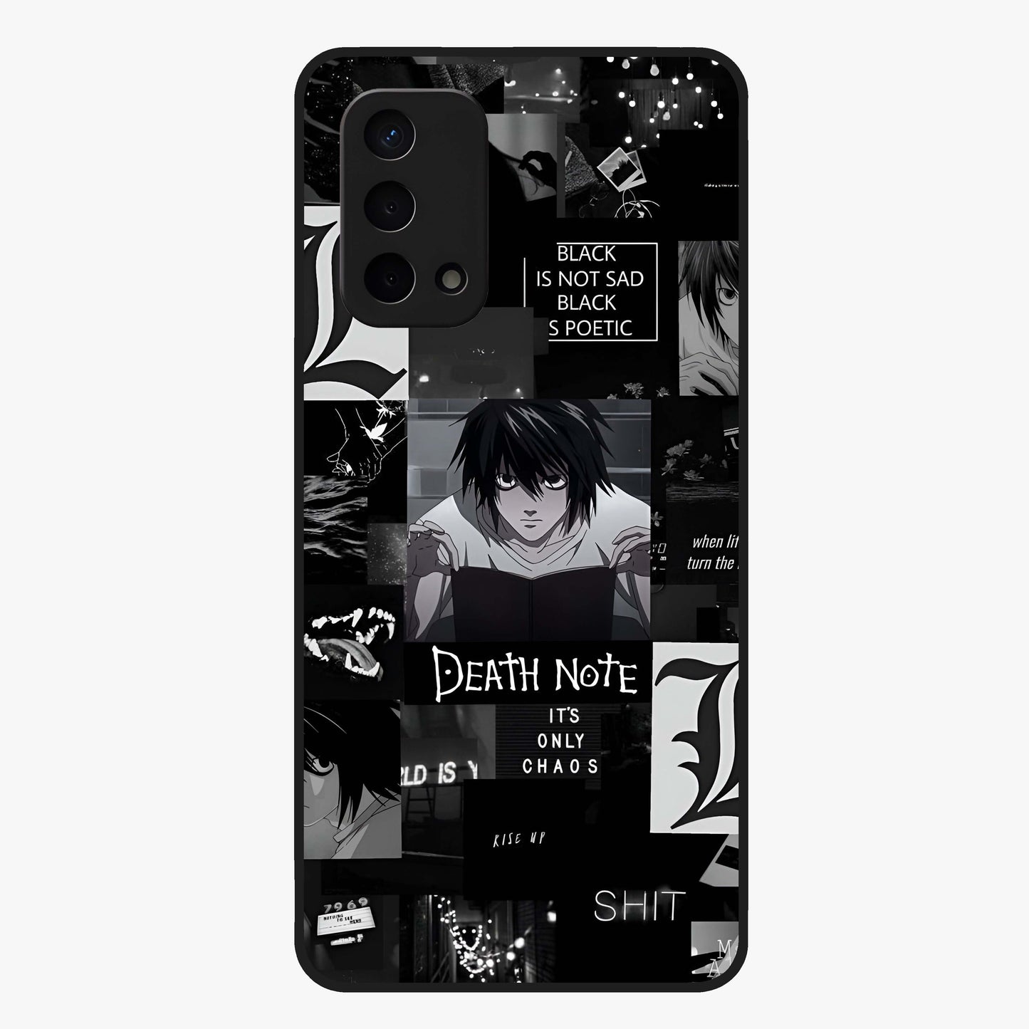 Midnight Chaos Mind Glass Case showing flat back view with abstract dark themed artwork and glossy glass finish.