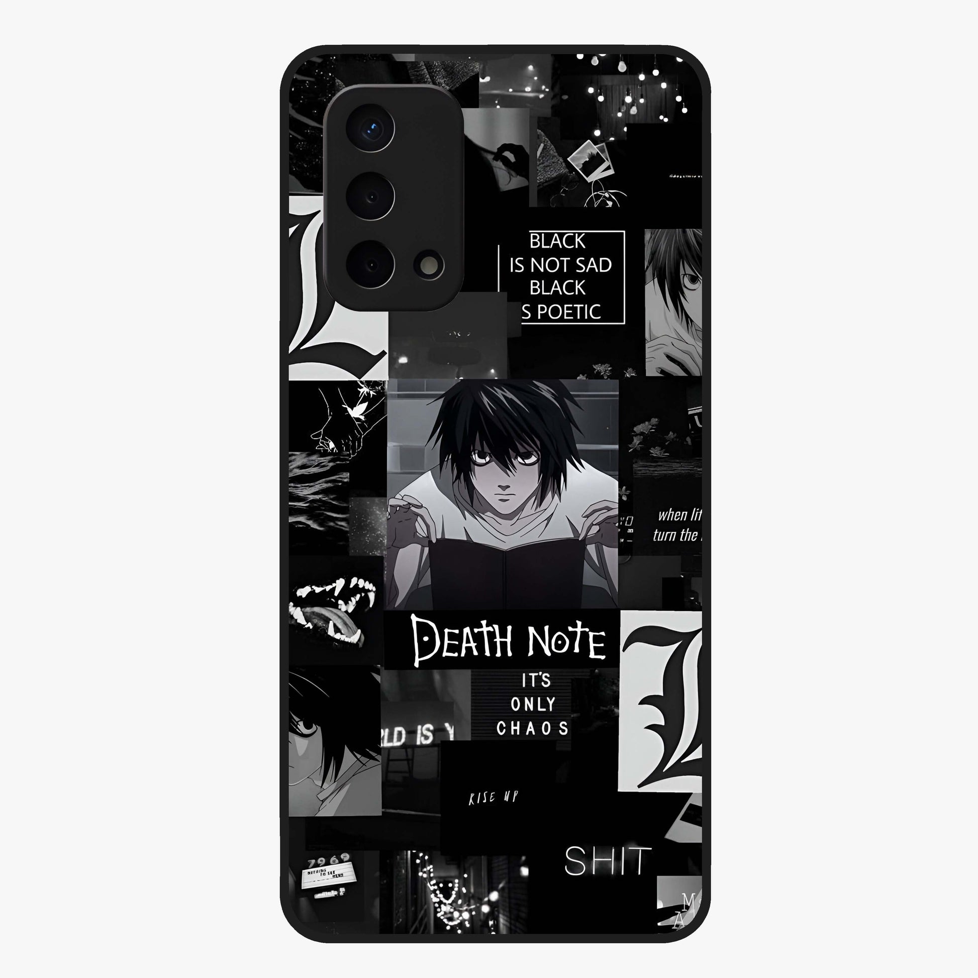 Midnight Chaos Mind Glass Case showing flat back view with abstract dark themed artwork and glossy glass finish.