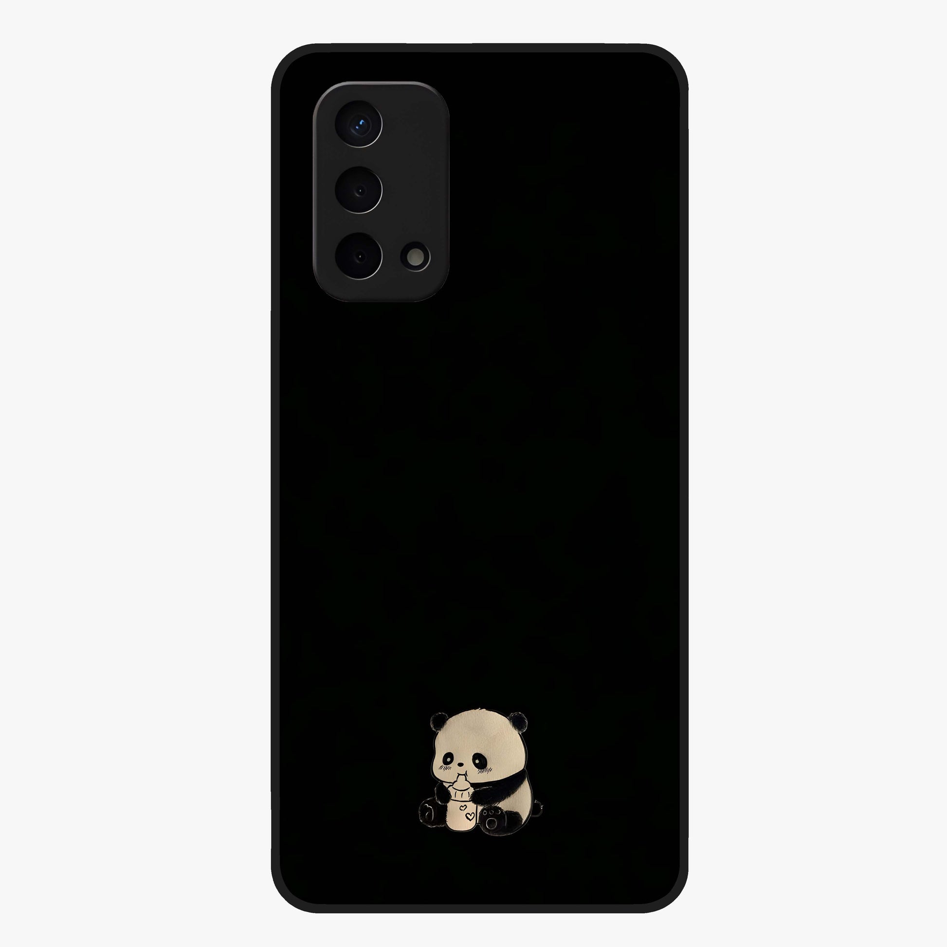 Midnight Panda Love Glass Case showing flat back view with cute panda themed artwork and glossy glass finish.