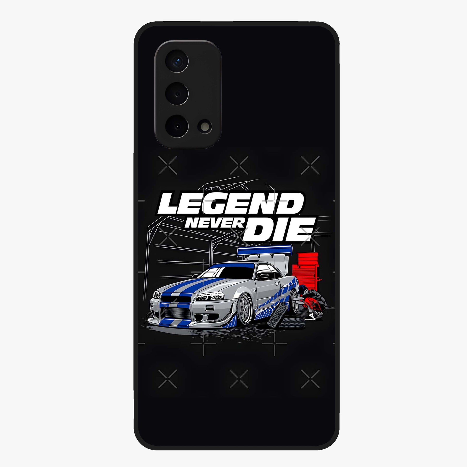 Midnight Racing Legacy Glass Case showing flat back view with sleek racing inspired artwork and glossy glass finish.