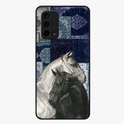 Midnight Stallion Blues Glass Case showing flat back view with majestic horse artwork and glossy glass finish.