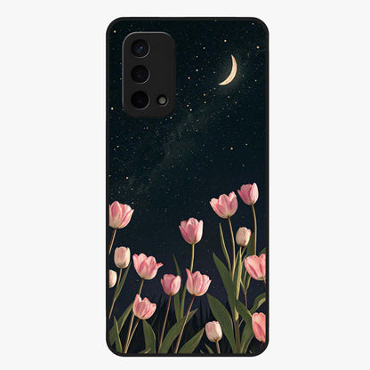 Midnight Tulip Whispers Vibe Glass Case showing flat back view with elegant tulip flower artwork and glossy glass finish.