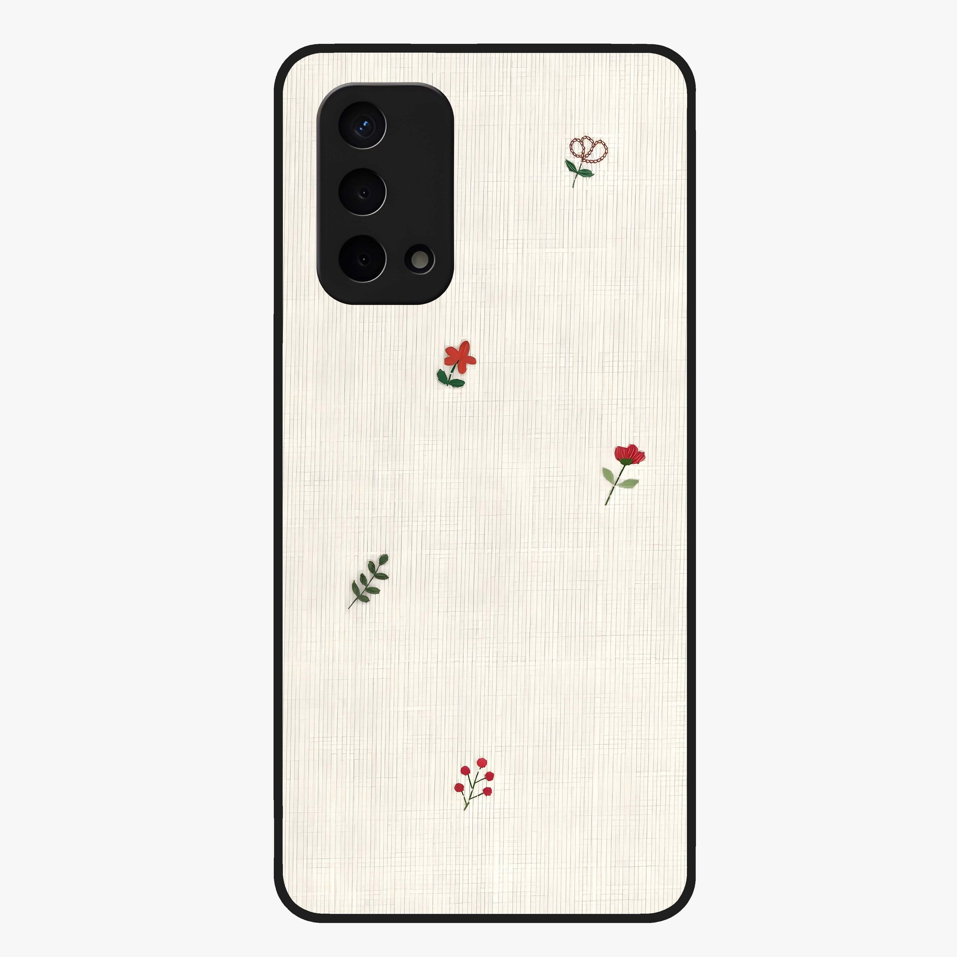 Minimal Petal Whispers Glass Case showing flat back view with soft minimal floral artwork and glossy glass finish.
