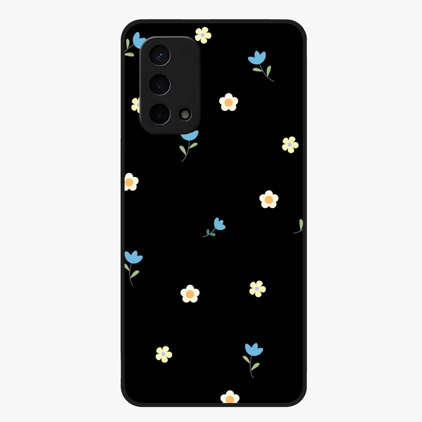 Minimalistic Blue With White Flower Pattern Glass Case showing flat back view with blue background and white flower pattern and glossy glass finish.