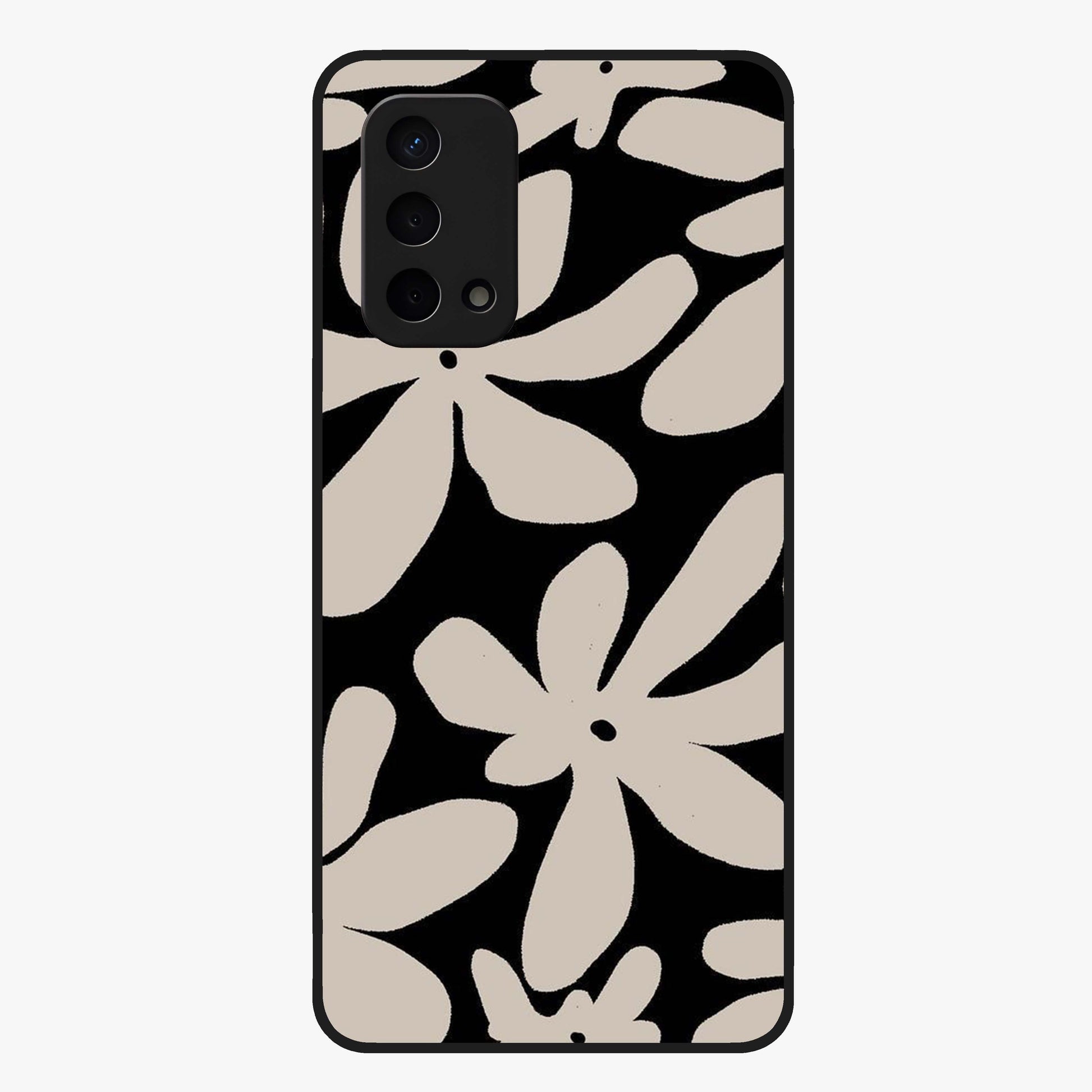 Monochrome Petal Dance Glass Case showing flat back view with monochrome floral artwork and glossy glass finish.