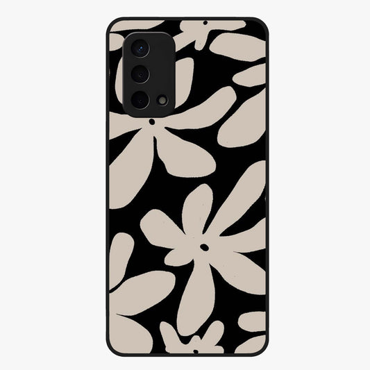 Monochrome Petal Dance Glass Case showing flat back view with monochrome floral artwork and glossy glass finish.