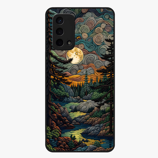 Moonlight Forest Dream Glass Case showing flat back view with mystical forest moonlight artwork and glossy glass finish.