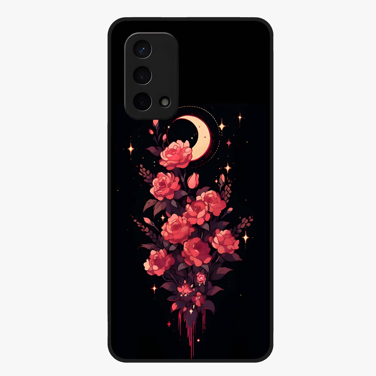 Moonlit Floral Elegance Glass Case showing flat back view with elegant floral artwork under moonlit tones and glossy glass finish.