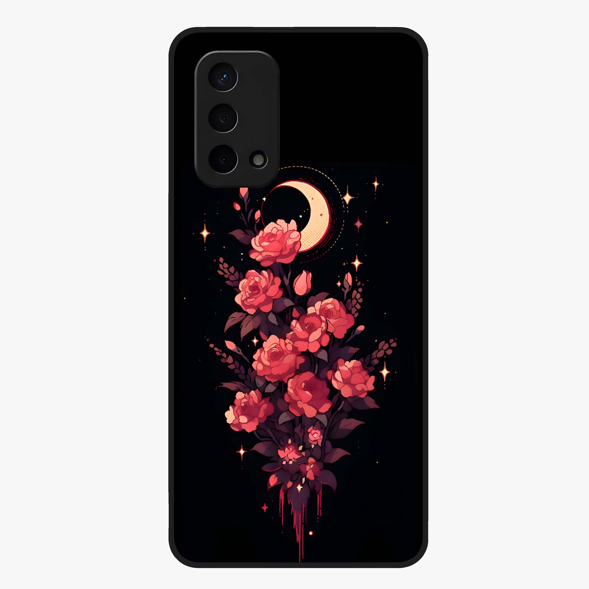 Moonlit Floral Elegance Glass Case showing flat back view with elegant floral artwork under moonlit tones and glossy glass finish.