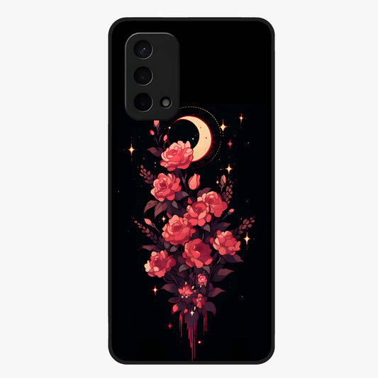 Moonlit Floral Elegance Glass Case showing flat back view with elegant floral artwork under moonlit tones and glossy glass finish.