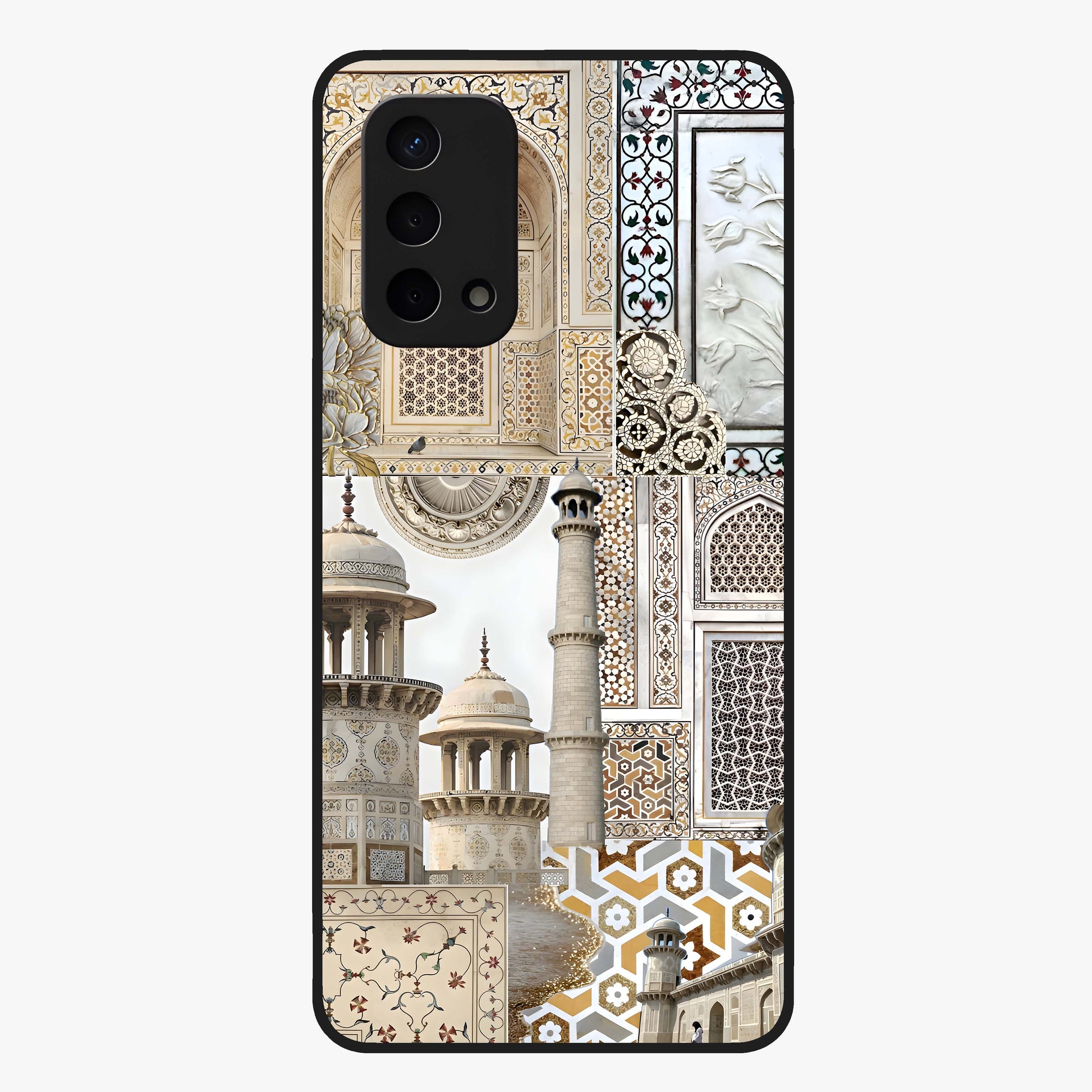 Mughal Marble Legacy Glass Case showing flat back view with intricate Mughal inspired marble pattern and glossy glass finish.