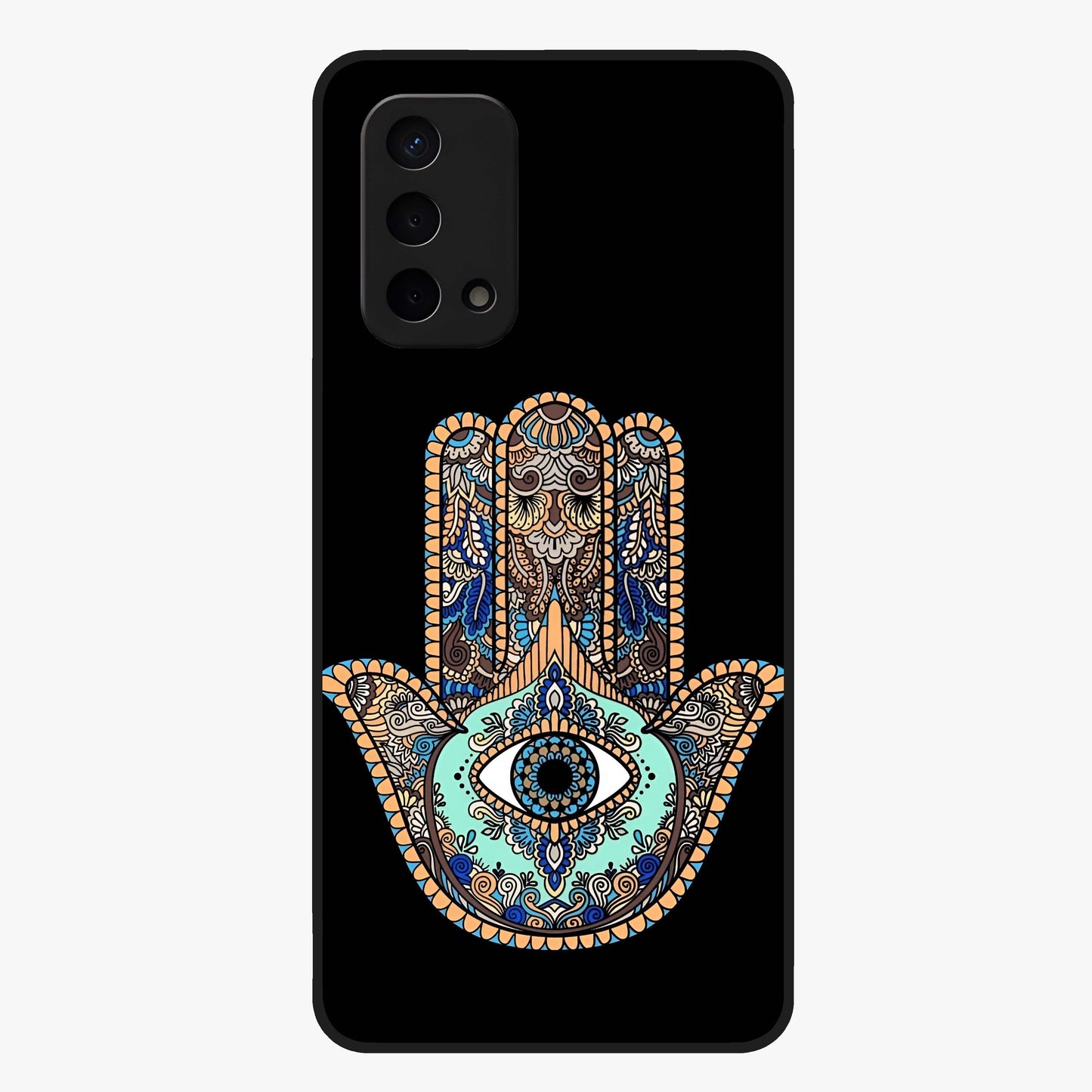 Mystic Hamsa Eye Glass Case showing flat back view with protective hamsa hand and evil eye artwork and glossy glass finish.