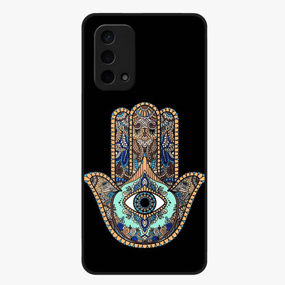Mystic Hamsa Eye Glass Case showing flat back view with protective hamsa hand and evil eye artwork and glossy glass finish.