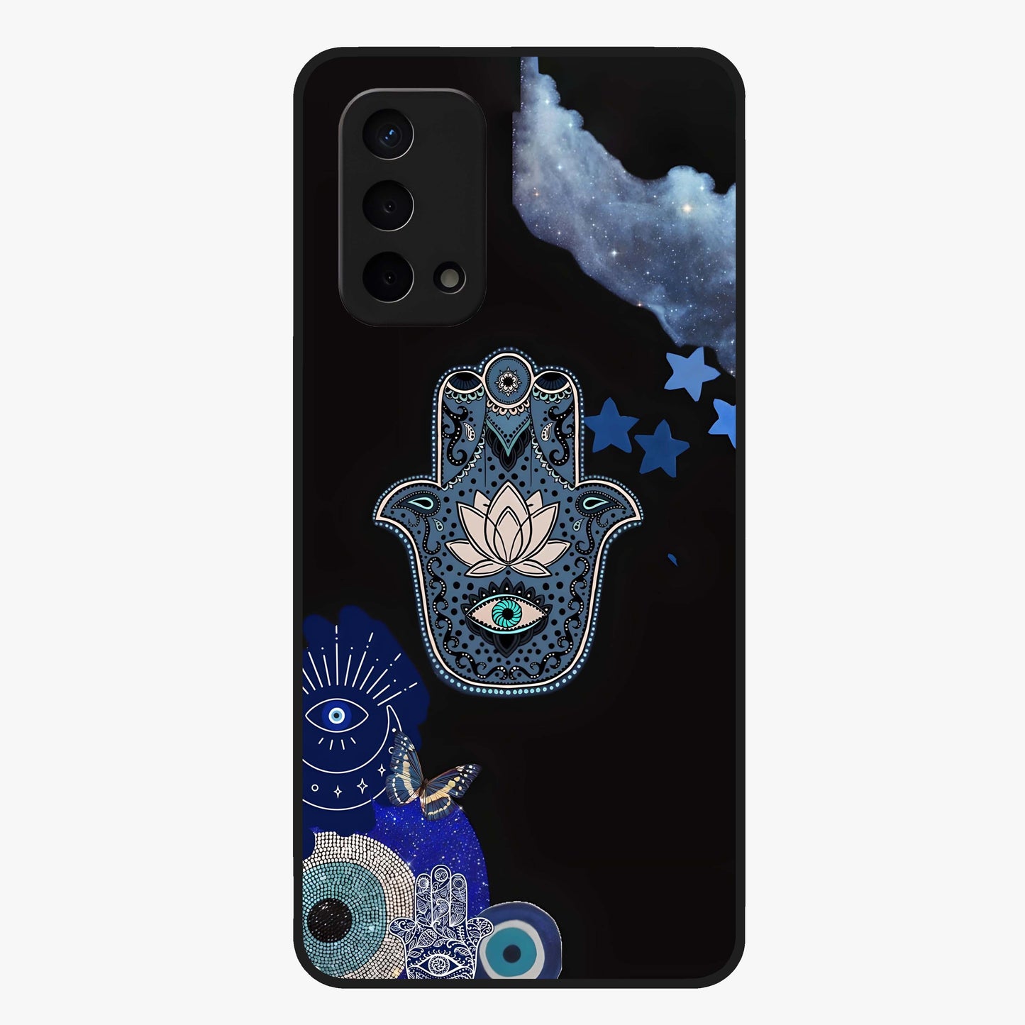 Mystic Hand Aura Glass Case showing flat back view with mystical hand symbol artwork and glossy glass finish.