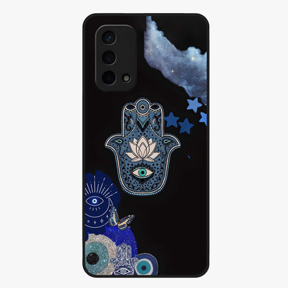 Mystic Hand Aura Glass Case showing flat back view with mystical hand symbol artwork and glossy glass finish.