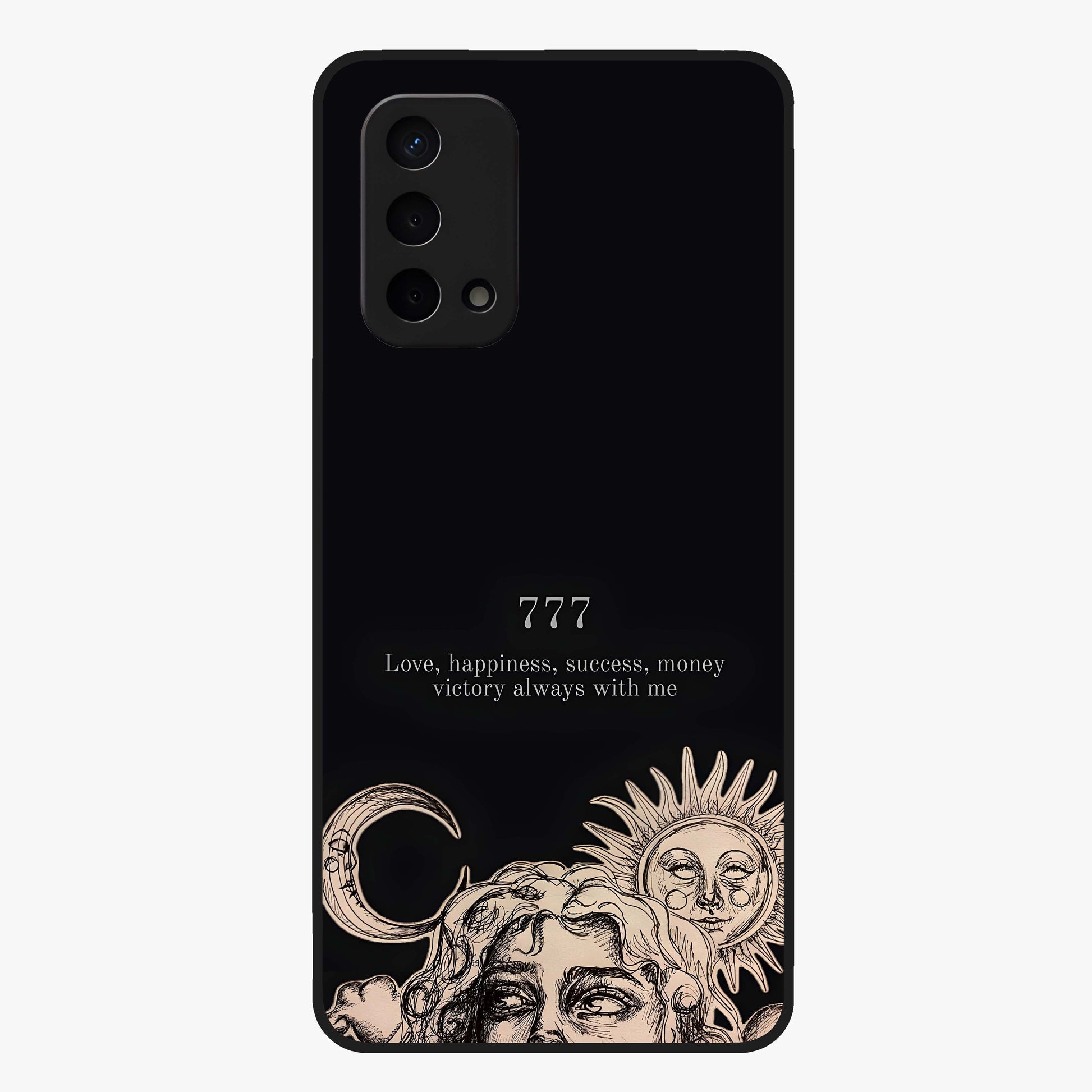Mystic Victory Aura Glass Case showing flat back view with victory symbol artwork and glossy glass finish.