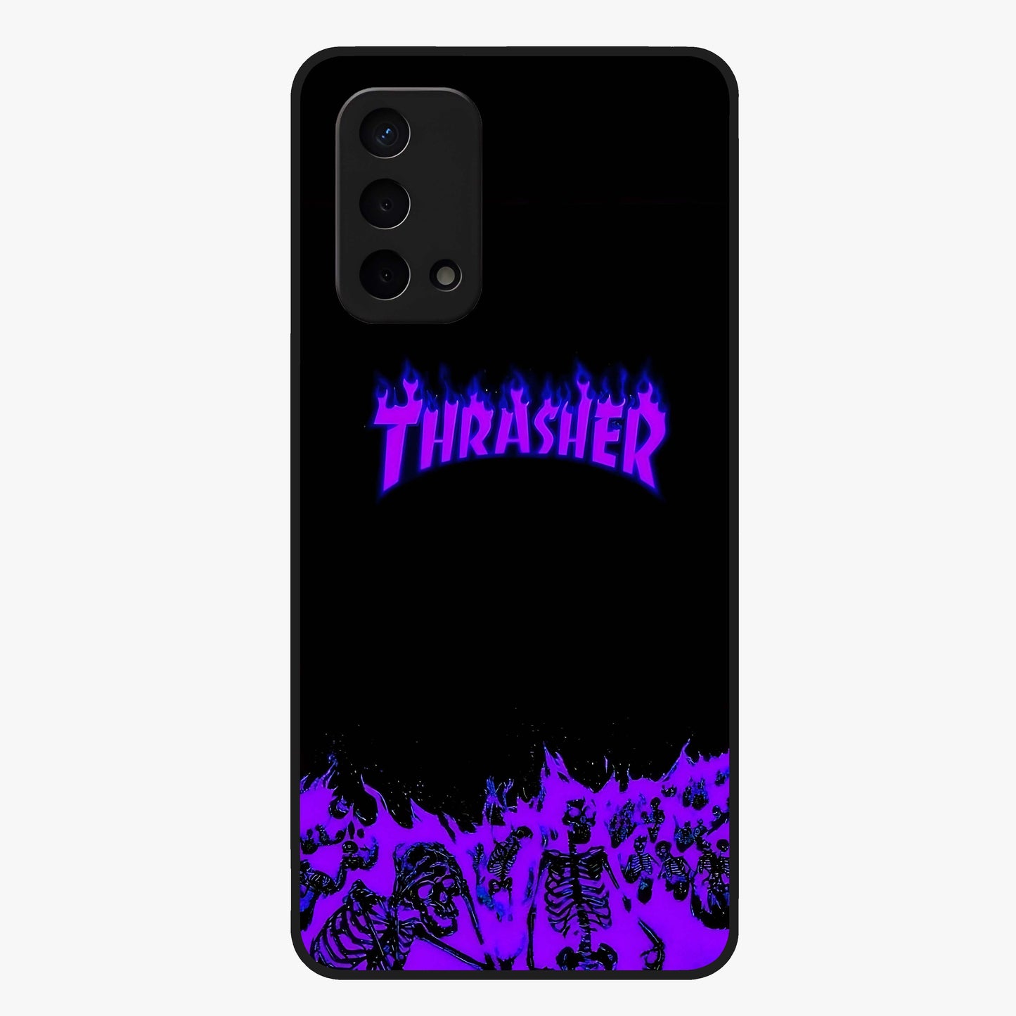Neon Flame Riot Glass Case showing flat back view with neon flame artwork and glossy glass finish.
