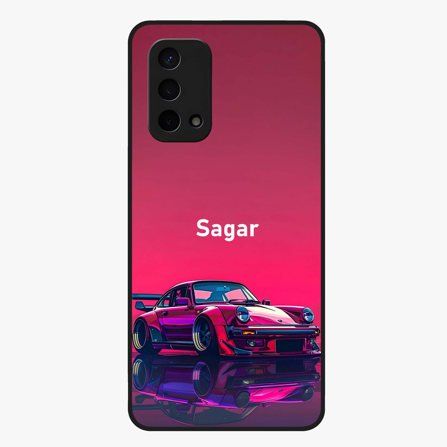 Neon Pink Porsche Glass Case showing flat back view with stylish sports car artwork and glossy glass finish.