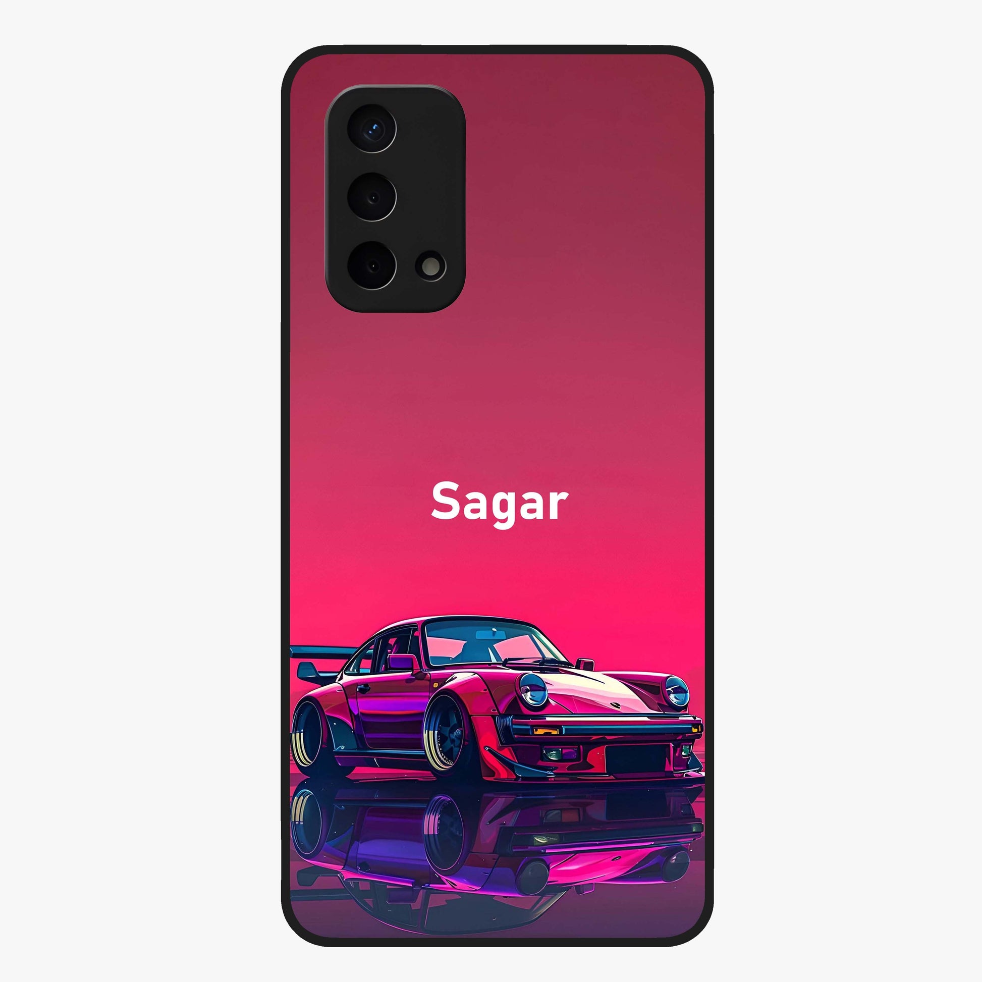 Neon Pink Porsche Glass Case showing flat back view with stylish sports car artwork and glossy glass finish.