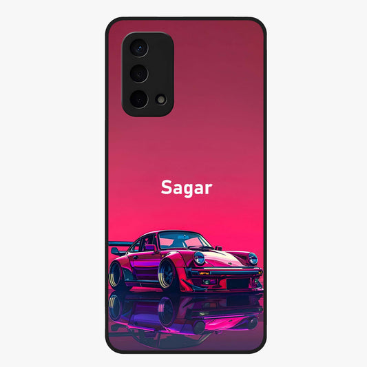 Neon Pink Porsche Glass Case showing flat back view with stylish sports car artwork and glossy glass finish.