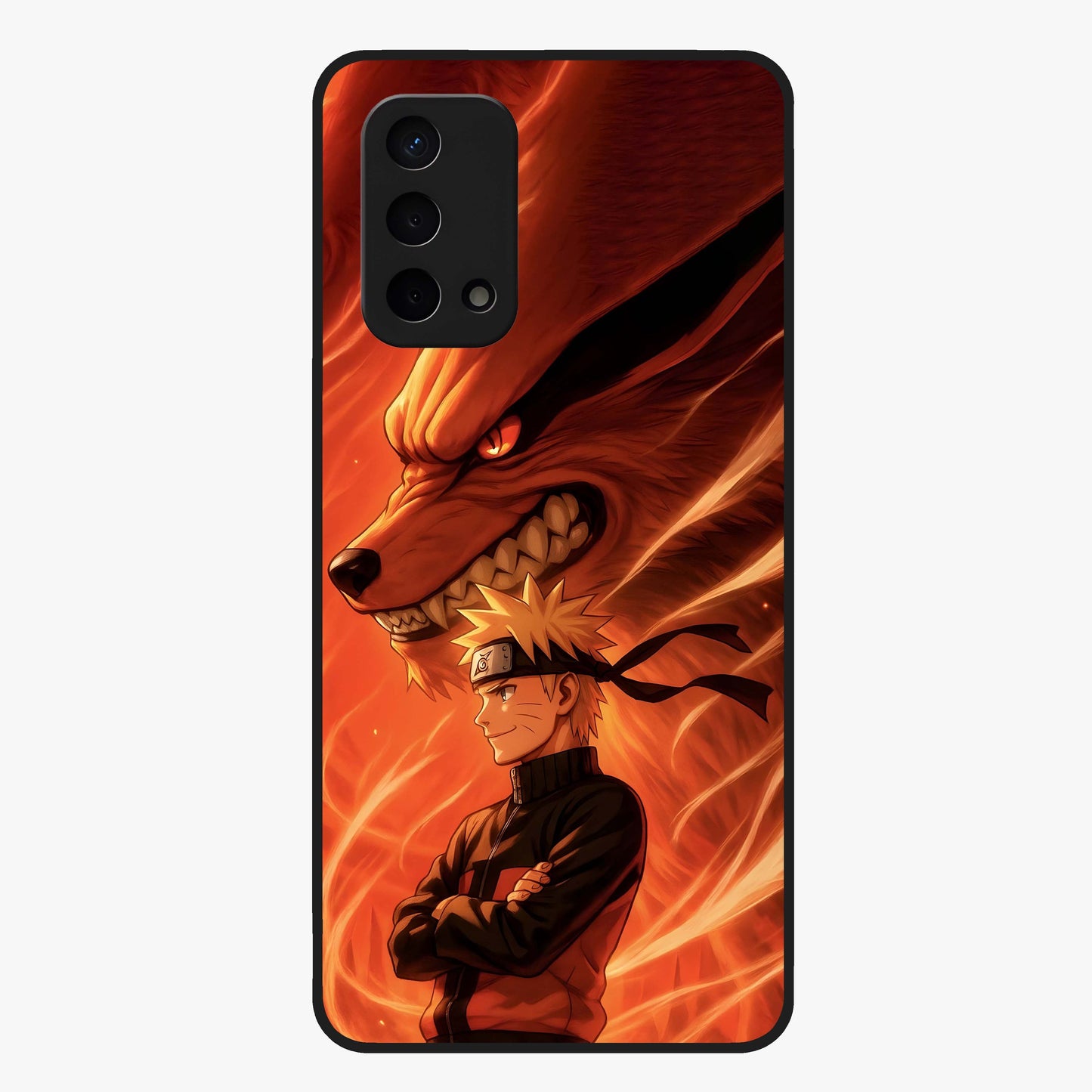Nine Tails Legacy Glass Case showing flat back view with powerful nine-tailed fox inspired artwork and glossy glass finish.