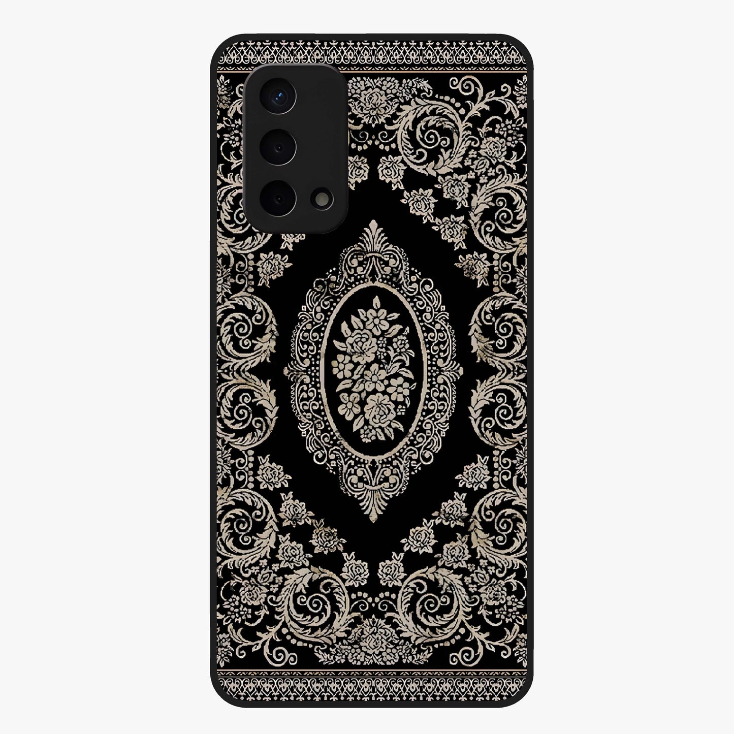 Noir Bloom Elegance Glass Case showing flat back view with elegant dark floral artwork and glossy glass finish.