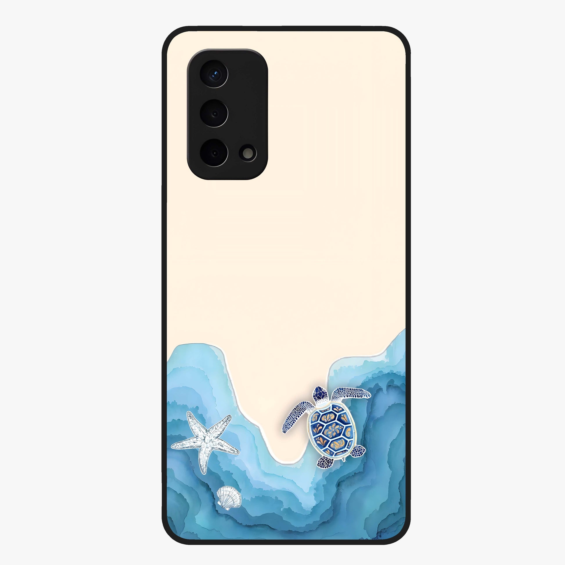 Ocean Drift Turtle Glass Case showing flat back view with sea turtle artwork and glossy glass finish.