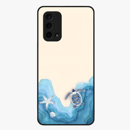 Ocean Drift Turtle Glass Case showing flat back view with sea turtle artwork and glossy glass finish.