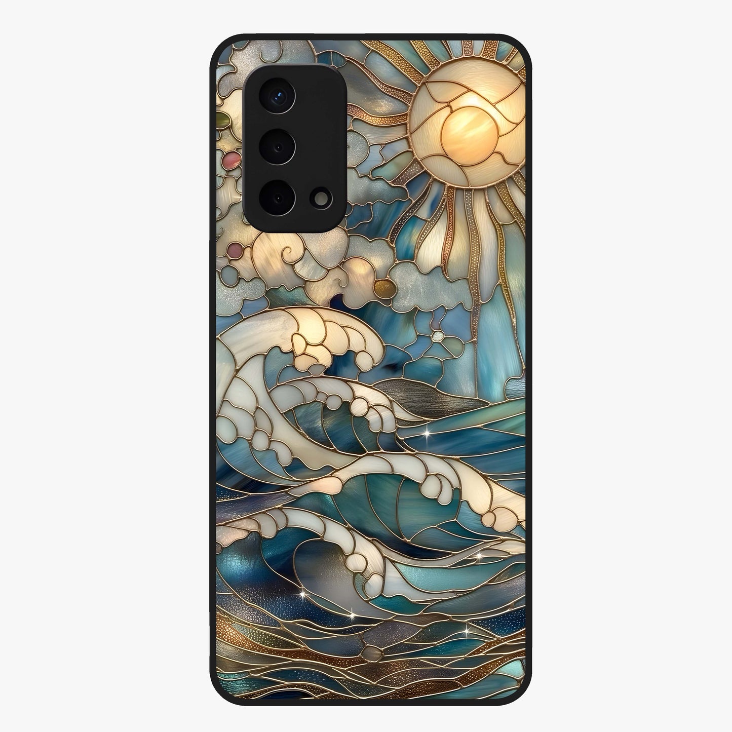 Oceanic Stained Printed Glass Case showing flat back view with ocean inspired stained pattern artwork and glossy glass finish.