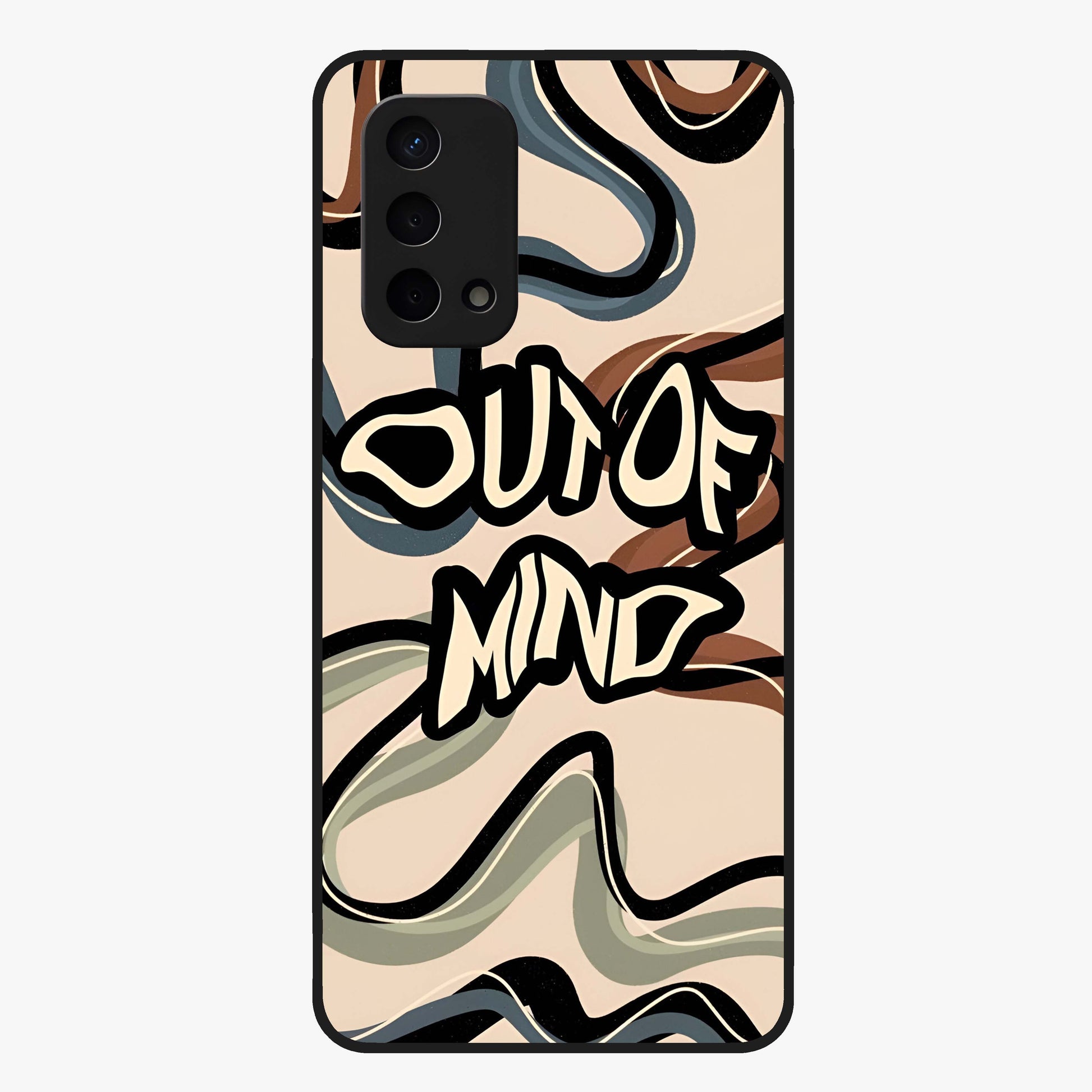 Out Of Mind Glass Case showing flat back view with expressive typography artwork and glossy glass finish.